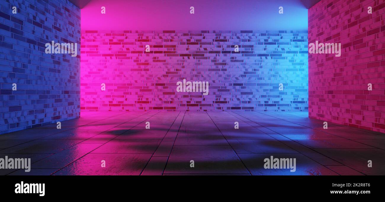 Dark brick wall corridor with blue and pink lighting Stock Photo