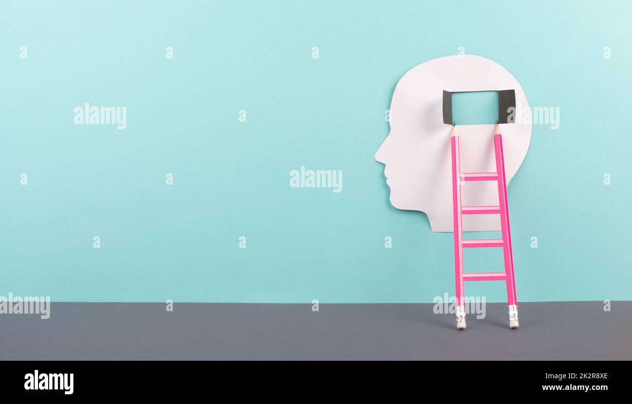Silhouette of a man, window to the brain, ladder of success, open ...