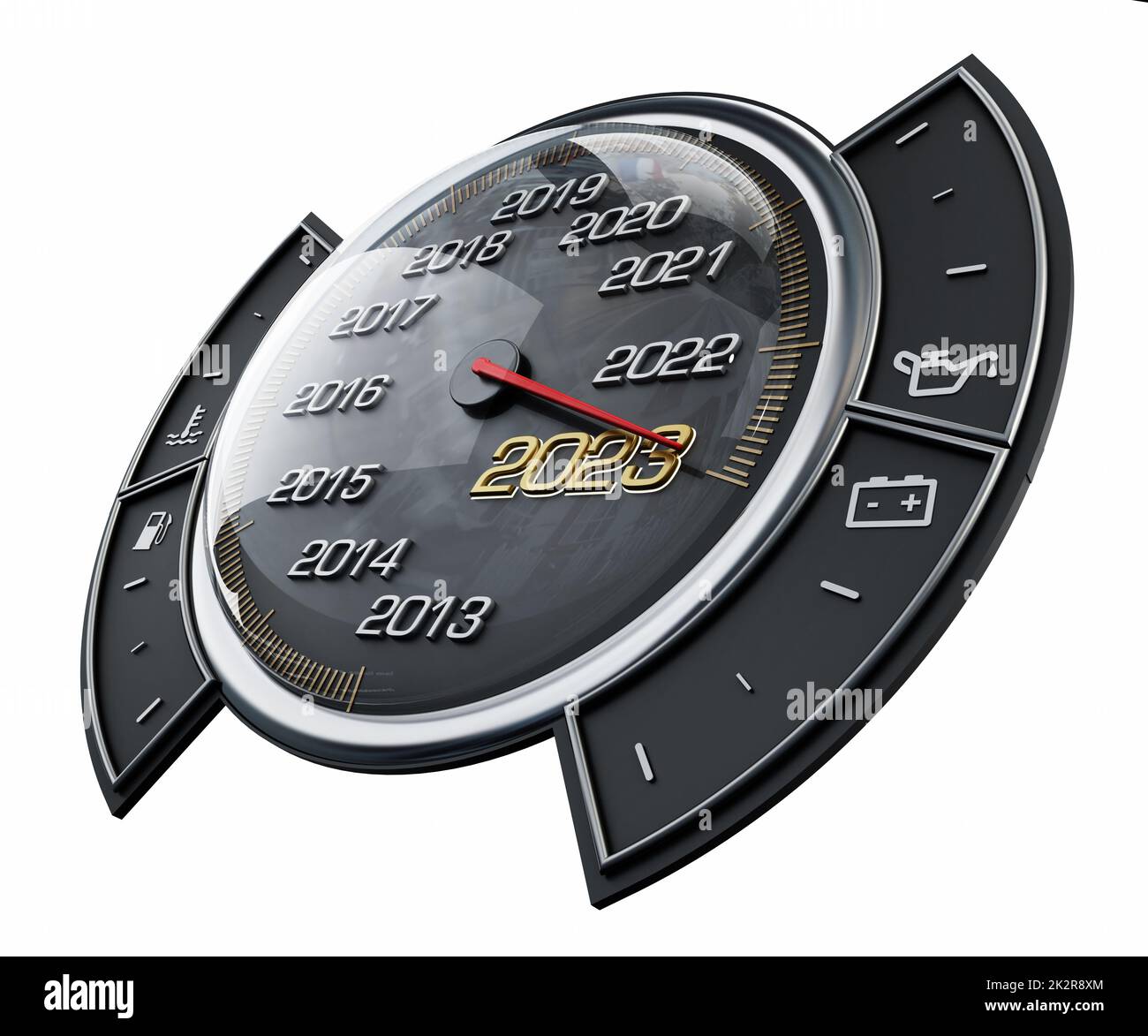 Speedometer needle pointing the year 2023. 3D illustration Stock Photo