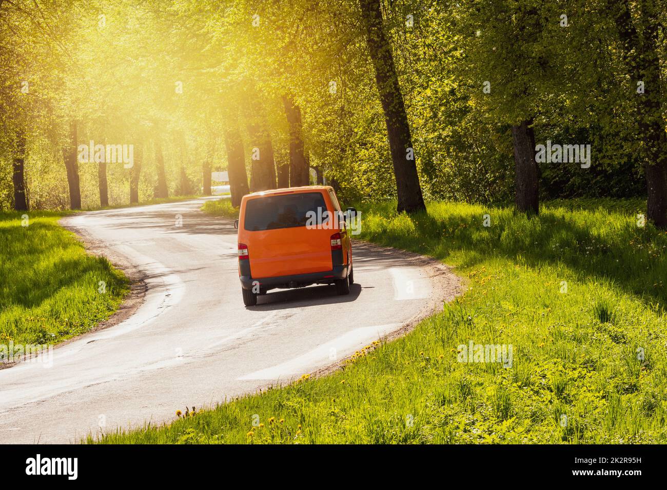 Car driving on the asphalt curvy road through the forest Stock Photo