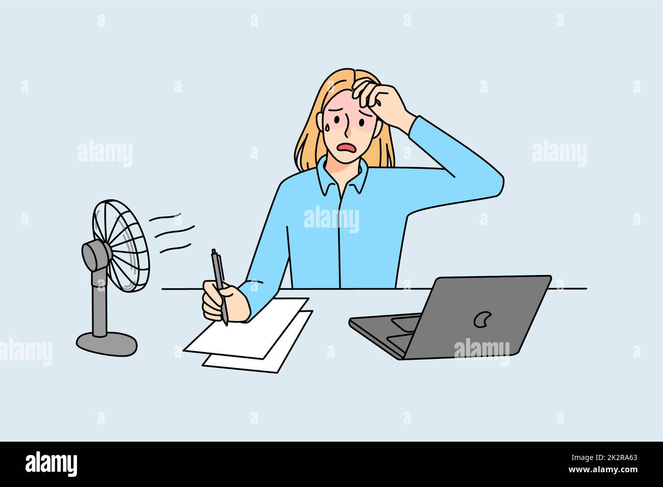 Tired woman work under ventilator in office Stock Photo