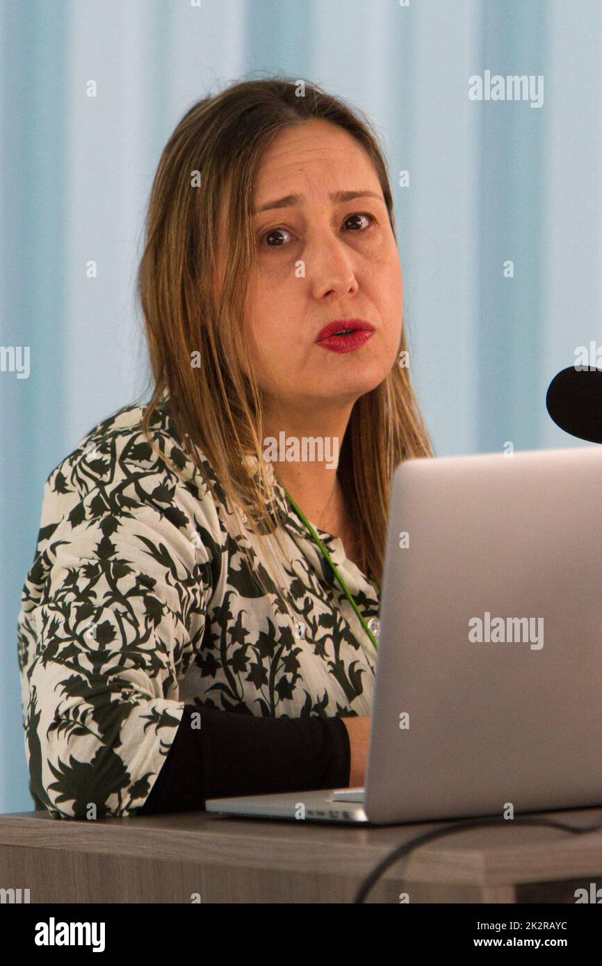 Torino, Italy. 23rd September 2022.  Brazilian professor Larissa Mies Bombardi attends a conference at 2022 Terra Madre Salone del Gusto. Bombardi lives in exile due to threats received after the publication of her book against pesticides Credit: Marco Destefanis/Alamy Live News Stock Photo