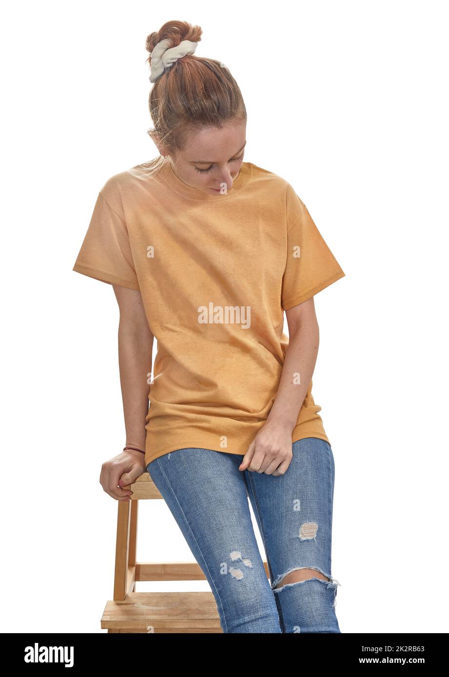 Girl in Tshirt white background isolated Stock Photo Alamy