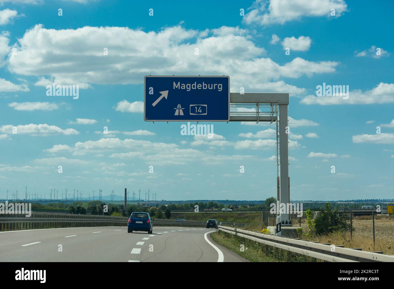 Germany motorway sign A14, exit Magdeburg Stock Photo