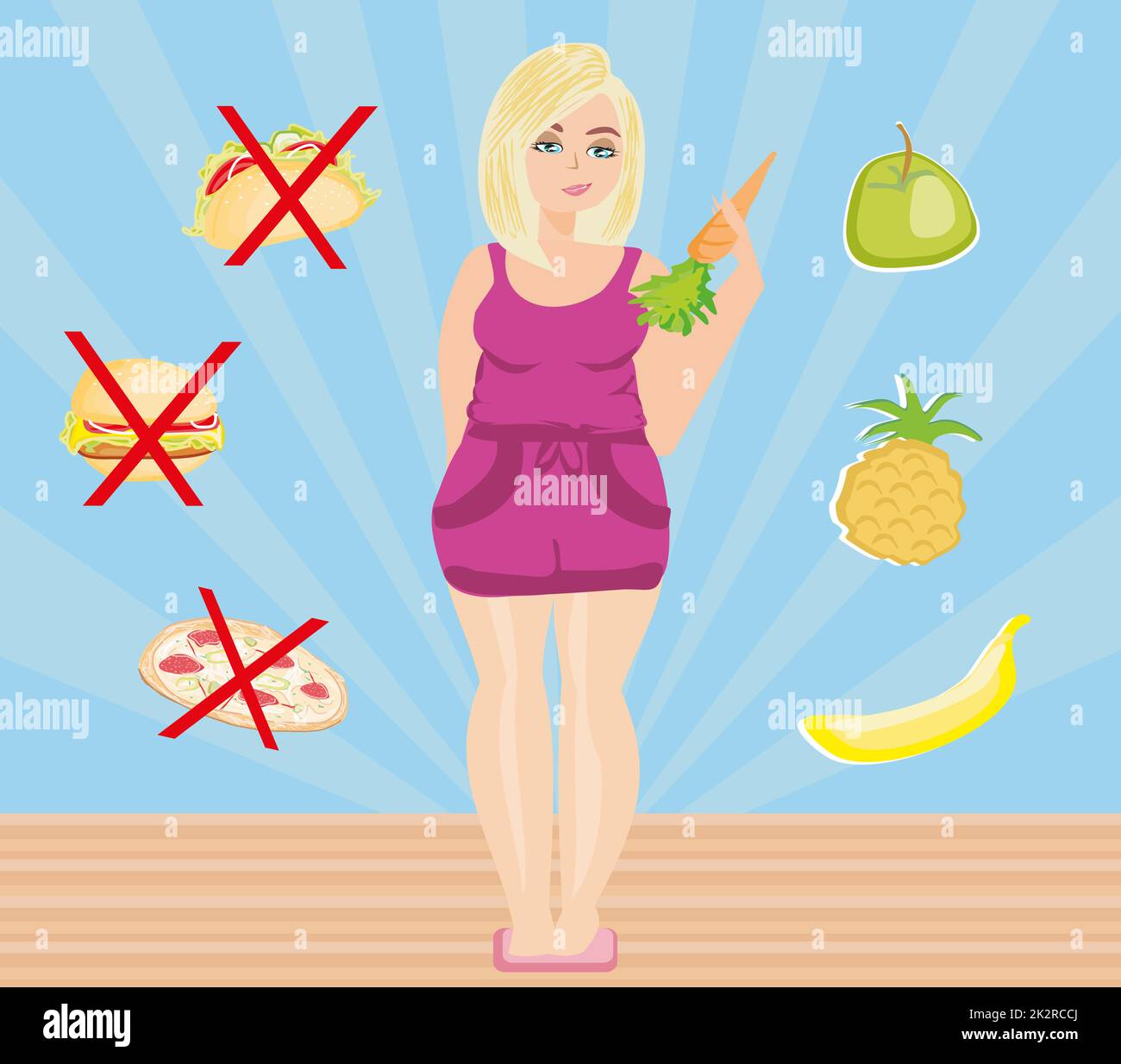 woman chooses between healthy and unhealthy food Stock Photo - Alamy