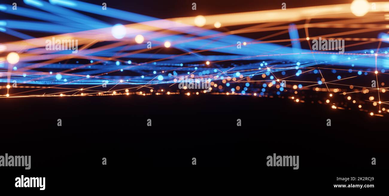 Blue and orange illumination grid pattern, communication technology for internet business. Global world network and telecommunication Stock Photo
