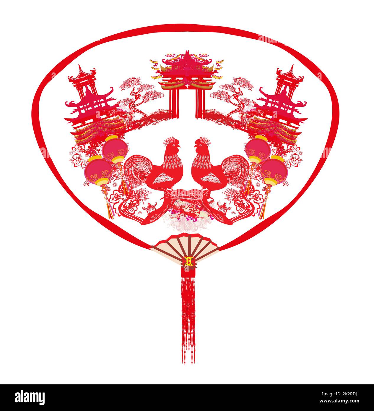 Decorative opened fan with patterns of Year of rooster design for
