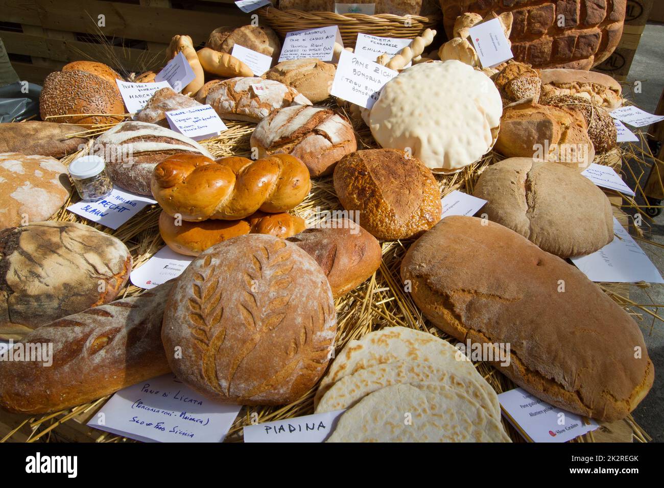 Torino, Italy. 23rd September 2022.  A selection of different breads at 2022 Terra Madre Salone del Gusto. Credit: Marco Destefanis/Alamy Live News Stock Photo