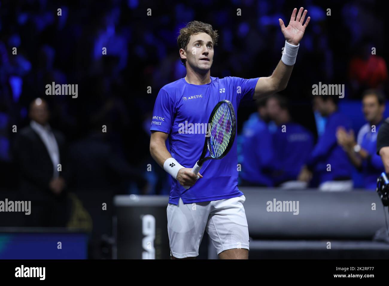 London, UK. 23rd Sep, 2022. 23rd September 2022; O2, London England: Laver Cup international tennis tournament: Casper Ruud of Team Europe celebrates the win against Jack Sock of Team World Credit: Action Plus Sports Images/Alamy Live News Stock Photo