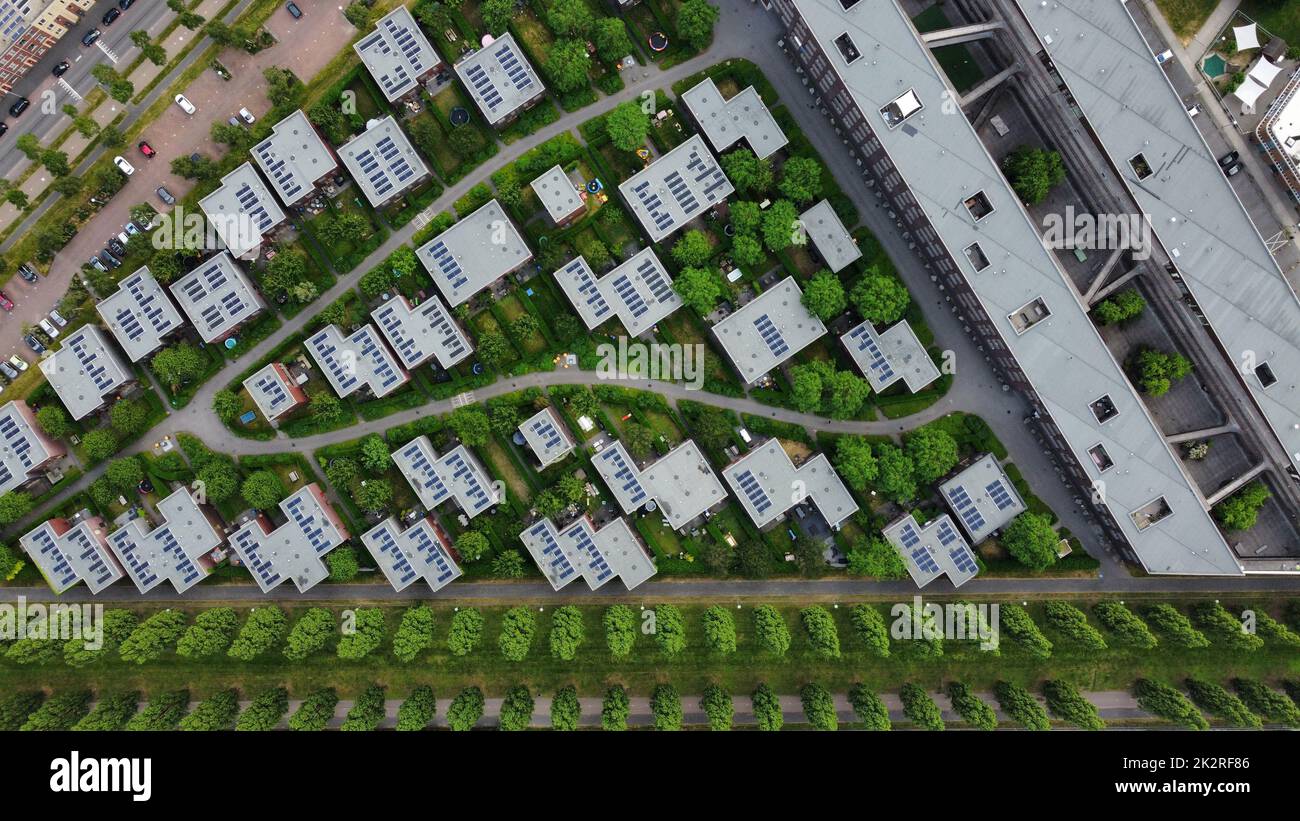 A bird's eye view of a lovely neighborhood with lush green trees ...