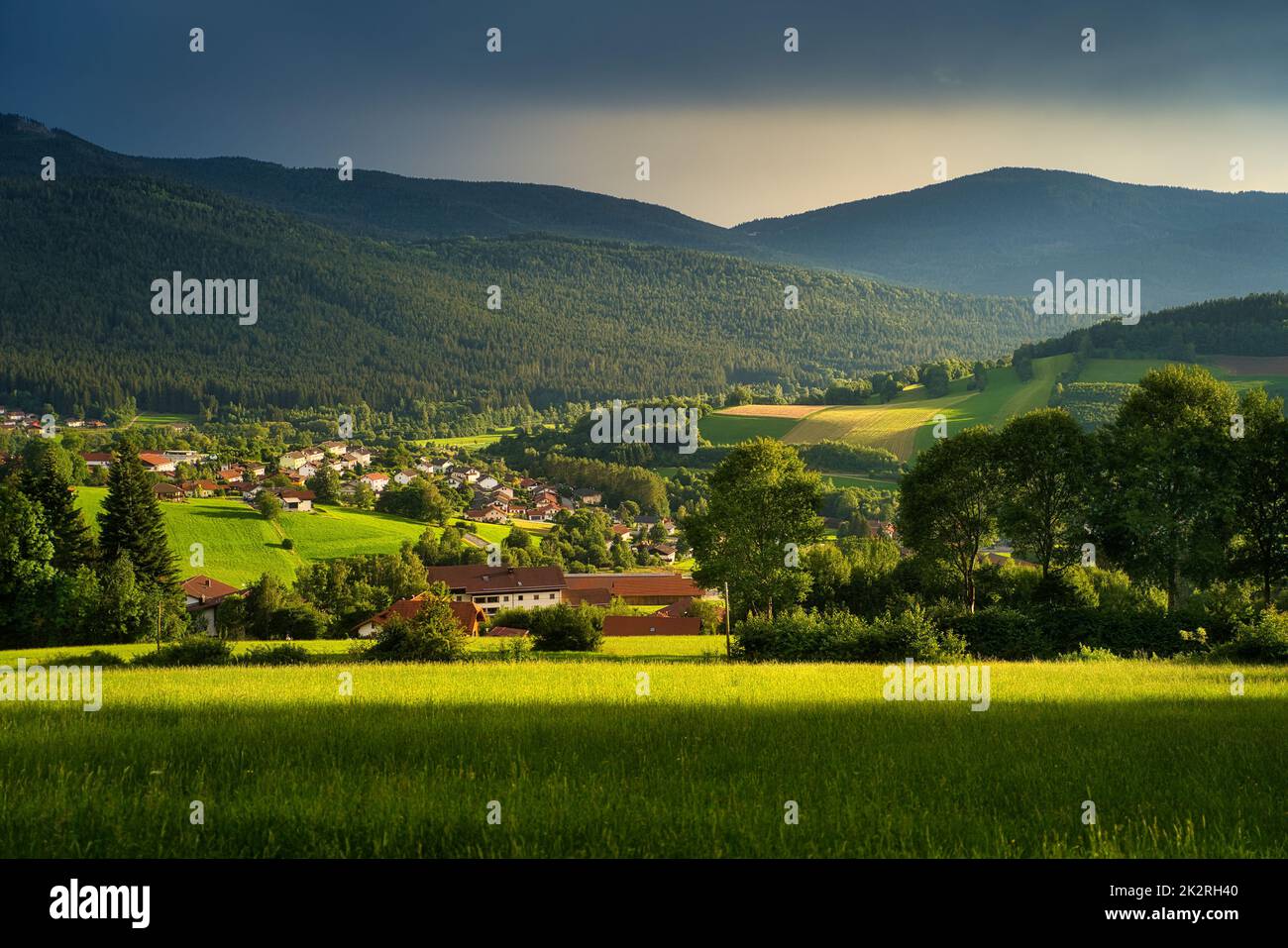 Lam, a small town in the Bavarian Forest in the Upper Palatinate after a thunderstorm. Stock Photo