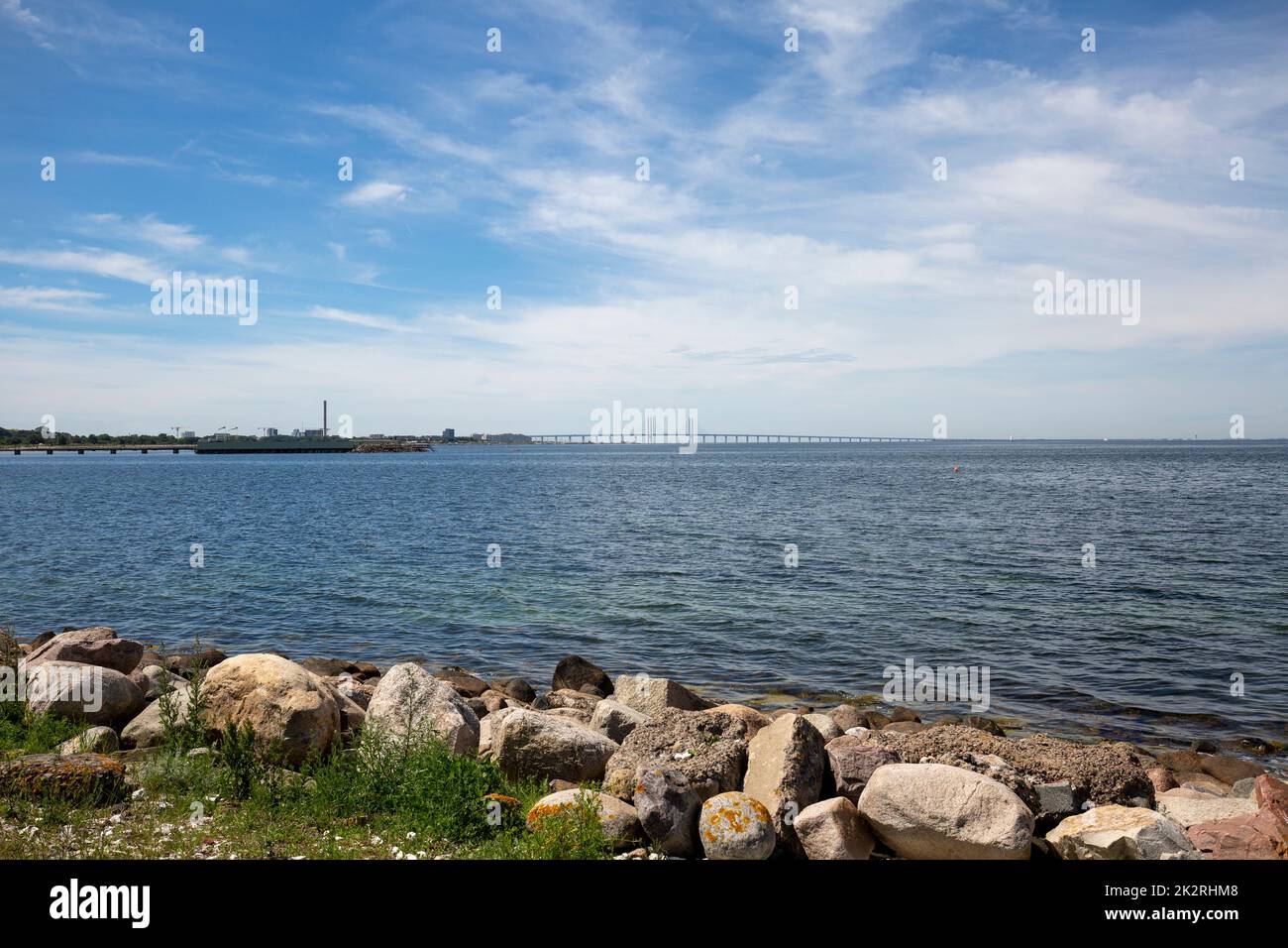 View of the Baltic Sea from Ribersborg beach with Oresund Bridge on the horizon, Malmo, Sweden Stock Photo