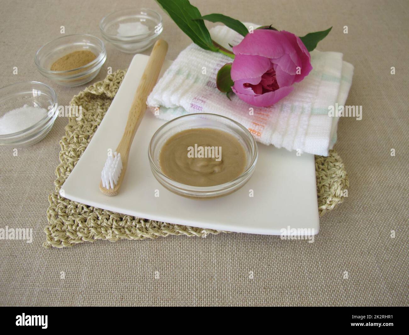 Homemade toothpaste with coconut oil, xylitol and medicinal clay Stock