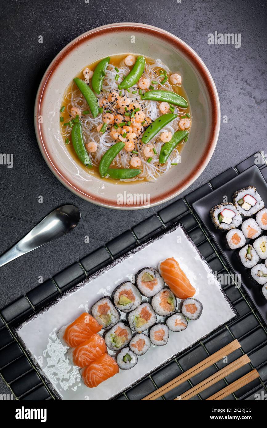 Various dishes of Asian cuisine with typical sushi Stock Photo