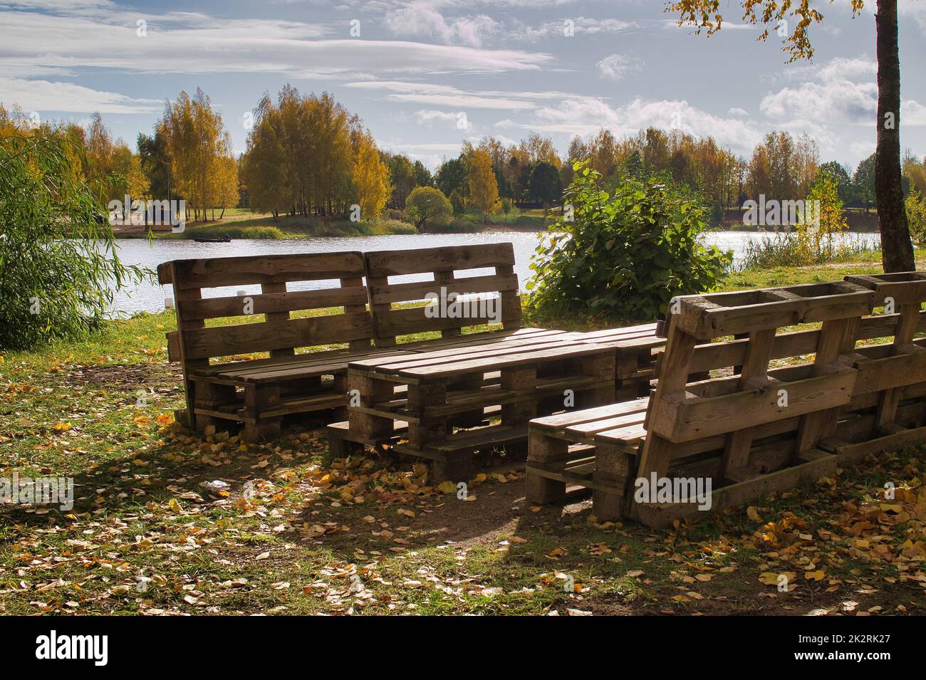 Outdoor furniture made from wood pallets Stock Photo