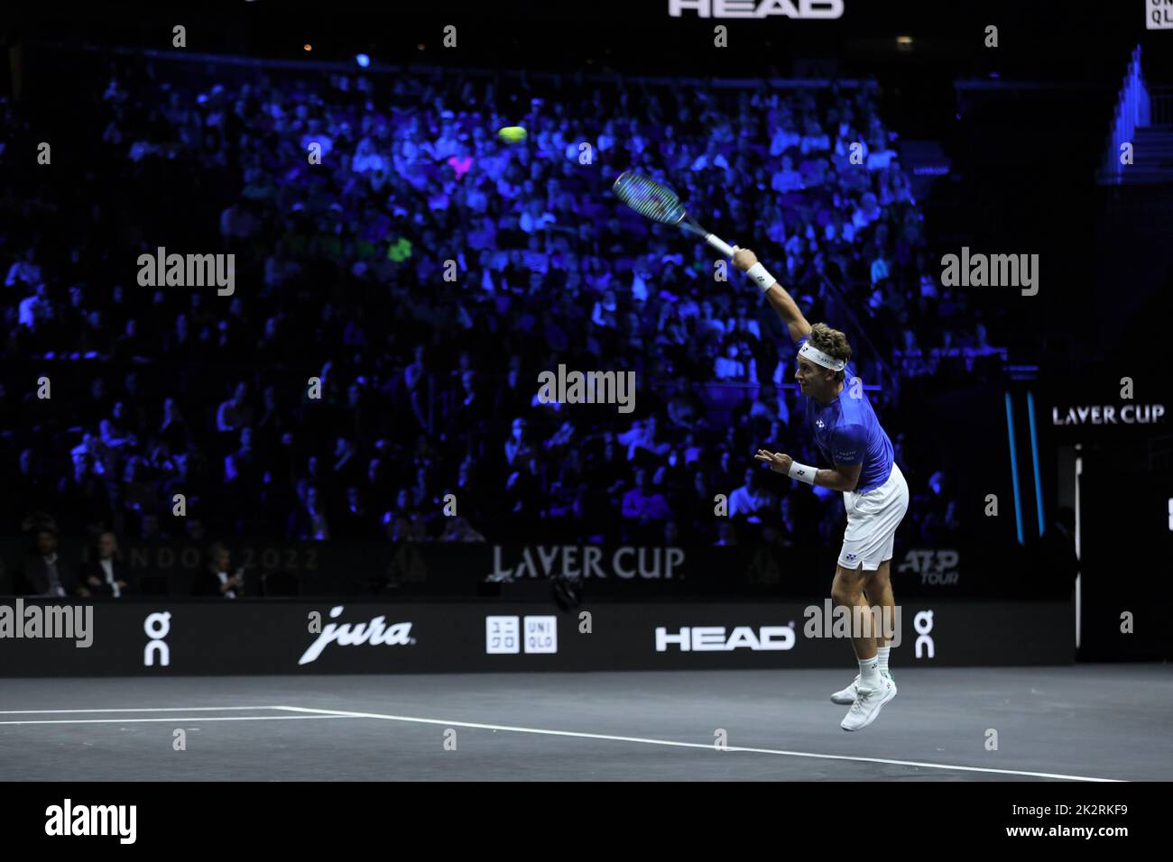 London, UK. 23rd Sep, 2022. Casper Ruud of Team Europe serving during the ATP Laver Cup 2022 at the o2 Arena, London, England on 23 September 2022. Photo by Joshua Smith. Editorial use only, license required for commercial use. No use in betting, games or a single club/league/player publications. Credit: UK Sports Pics Ltd/Alamy Live News Stock Photo