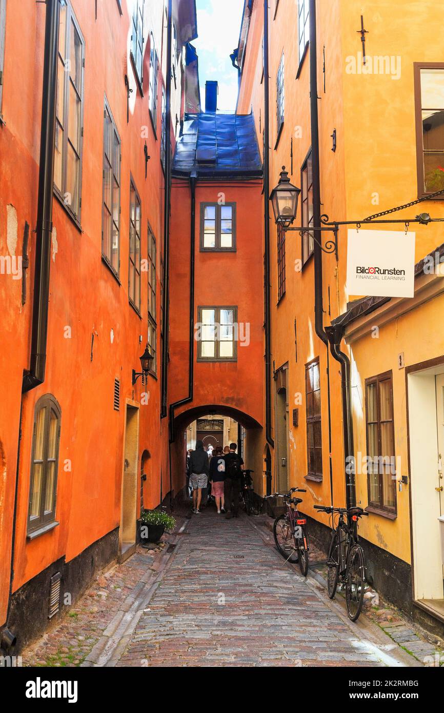 STOCKHOLM, SWEDEN - JUNE 27, 2016: This is one of the oldest medieval alleyways of Gamla Stan. Stock Photo