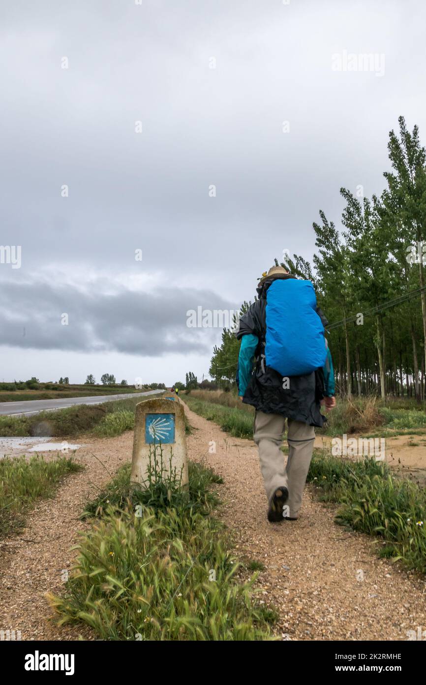 Camino Way Marker, Revenga de Campos, Castile and Leon, Spaiin. Camino to Santiago de Compostela Stock Photo