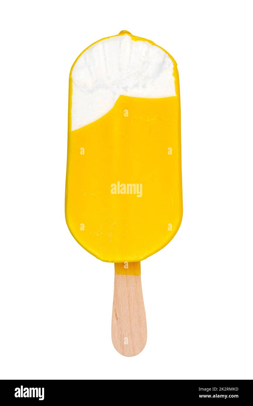 Bitten yellow ice cream bar with lemon taste Stock Photo
