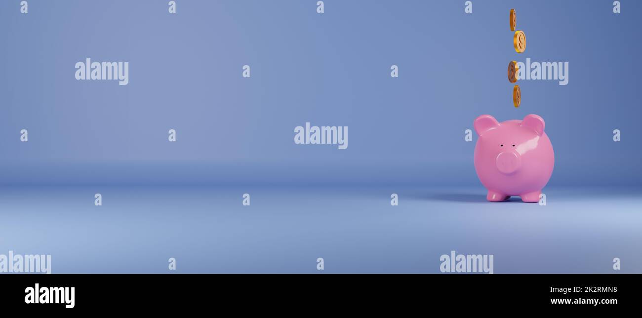 Falling coins with a pink piggy bank on a blue wall Stock Photo - Alamy