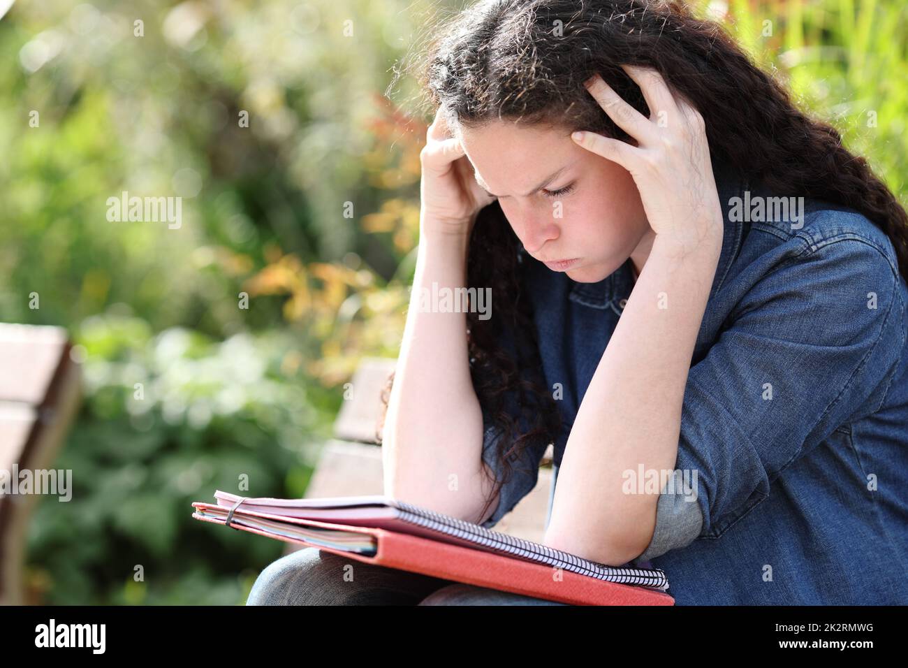 Frustrated student trying to understand lesson in a park Stock Photo