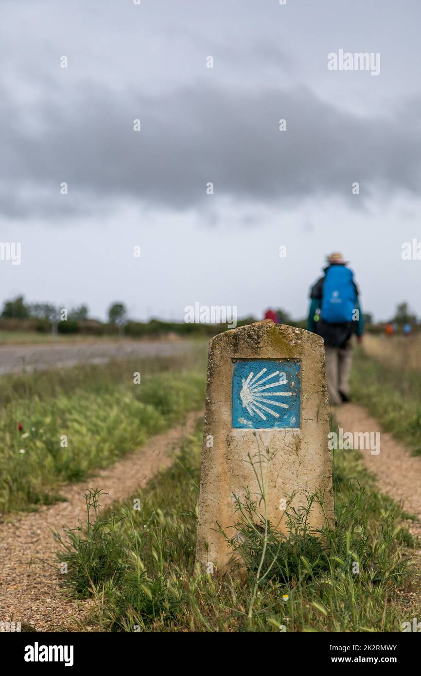 Camino Way Marker, Revenga de Campos, Castile and Leon, Spain. Camino to Santiago de Compostela Stock Photo