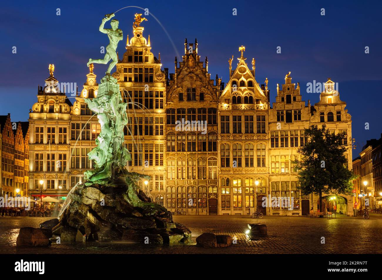 Antwerp Grote Markt with famous Brabo statue and fountain at night, Belgium Stock Photo Alamy