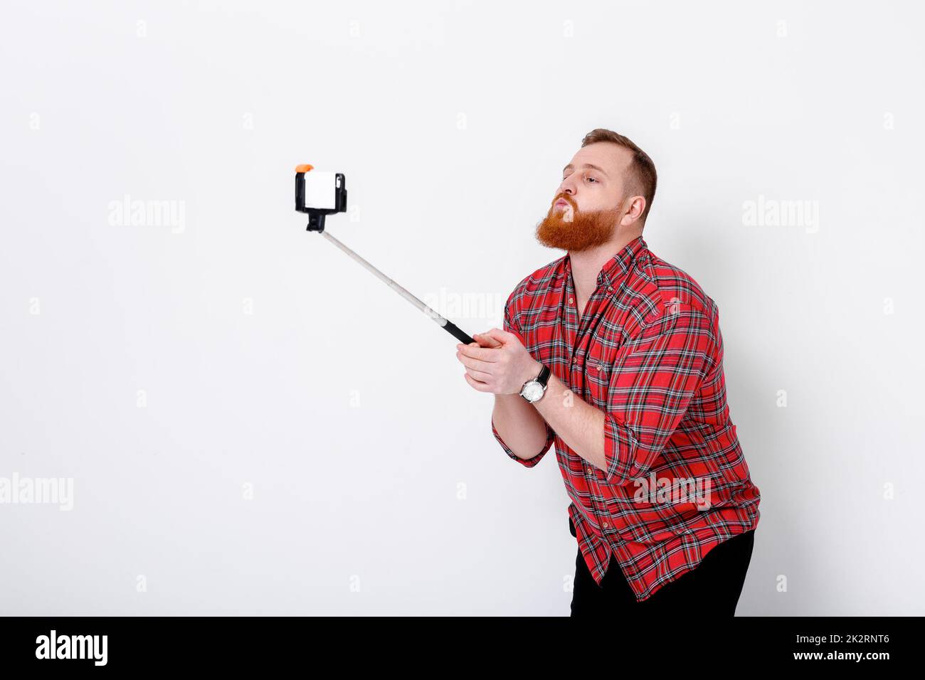 man makes selfie on phone Stock Photo
