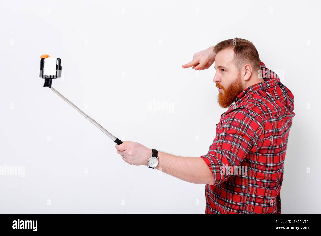 man makes selfie on phone Stock Photo