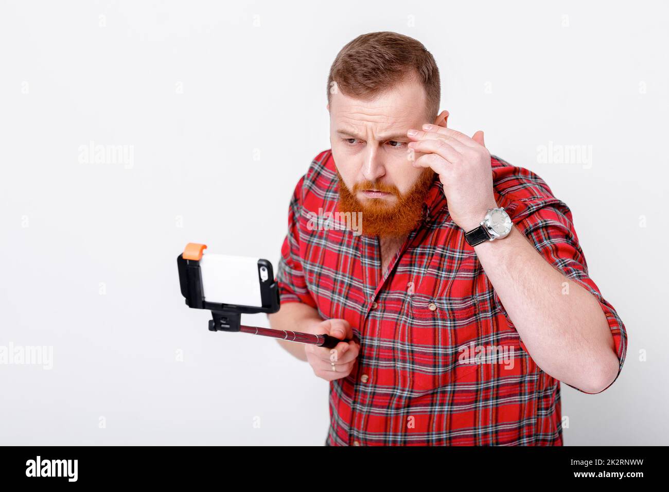 man makes selfie on phone Stock Photo