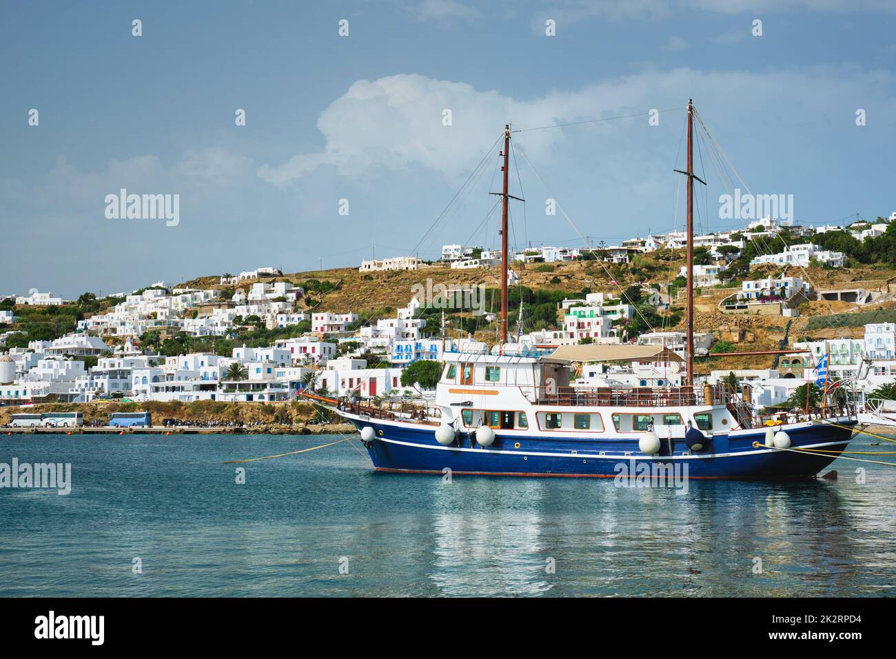Vessel schooner moored in port harbor of Mykonos island, Greece Stock Photo