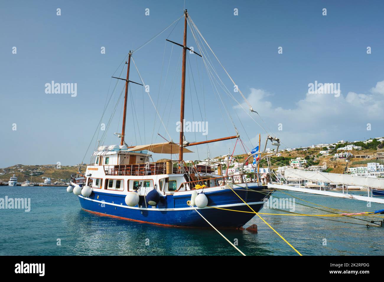 Vessel schooner moored in port harbor of Mykonos island, Greece Stock Photo