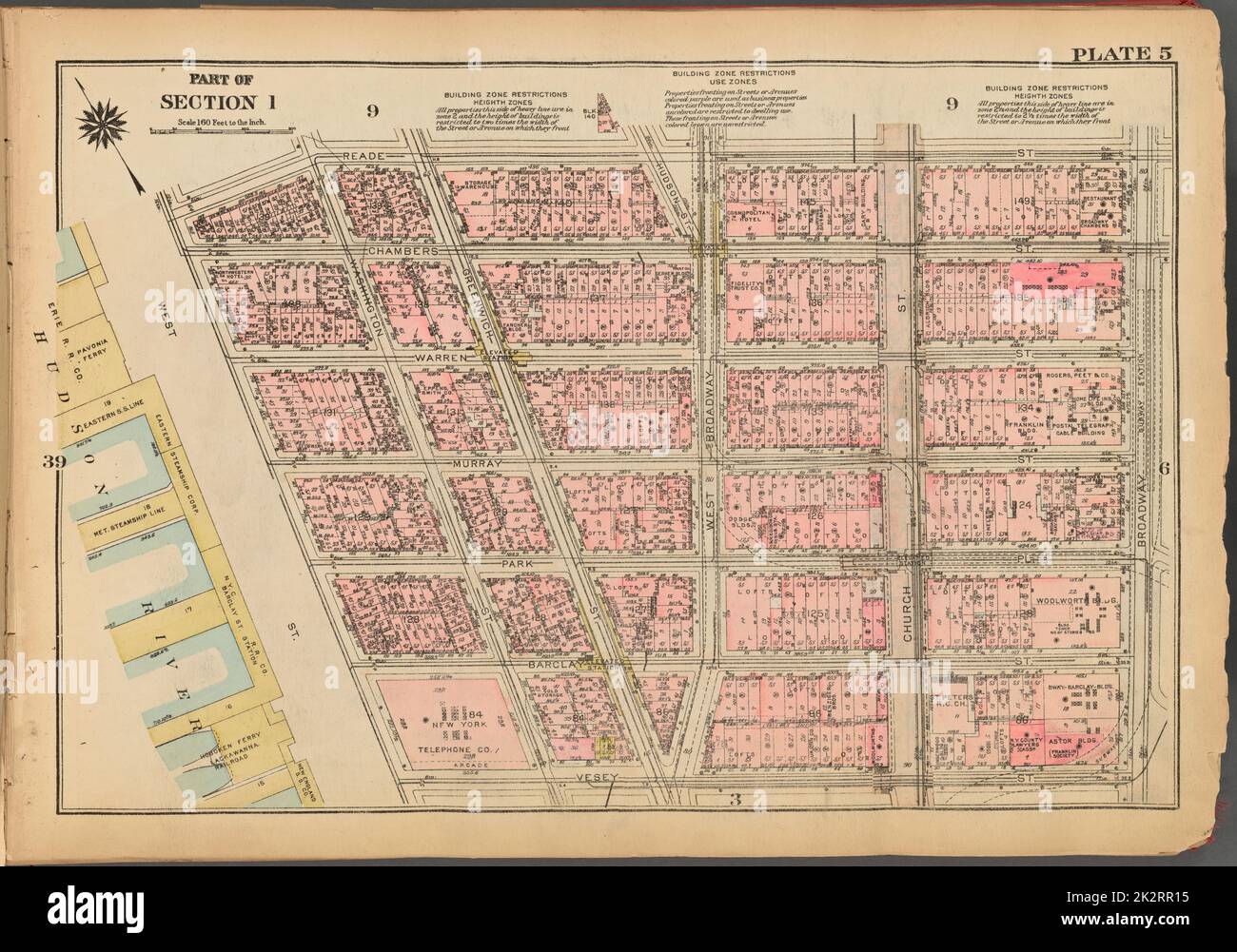 Cartographic, Maps. 1927. Lionel Pincus and Princess Firyal Map Division. Real property , New York (State) , New York, Manhattan (New York, N.Y.) Plate 5, Part of Section 1: Bounded by Reade Street, Broadway, Vesey Street and (Hudson River Piers) West Street Stock Photo