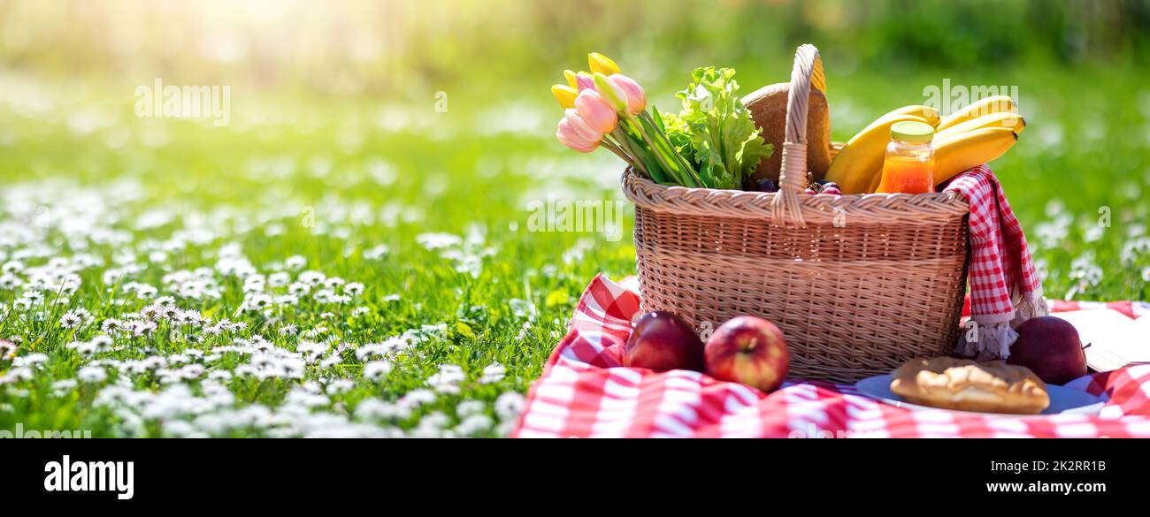 Picnic bascket on the duvet on the meadow in the nature Stock Photo