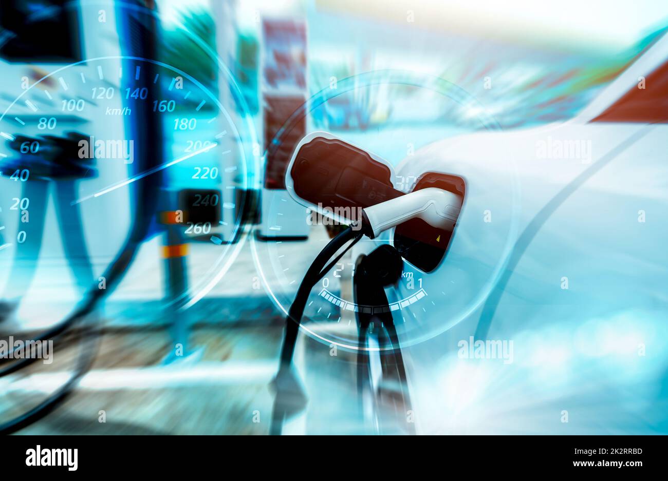 EV car charging at outdoor electric car charging station. EV car