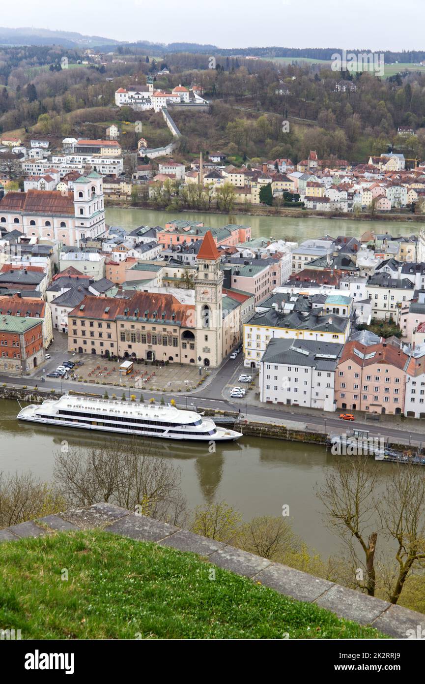 Panorama of the old town of Passau with river cruise ship on the Danube Stock Photo