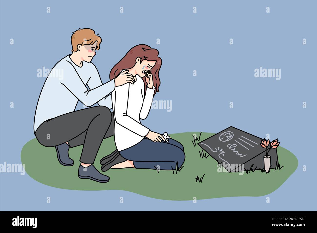 Sad couple crying at pet gravestone Stock Photo - Alamy