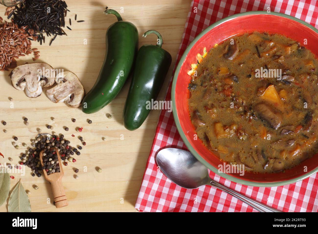 Mushroom and Peppers Soup With Wild Rice. Mix of Sweet Bell Peppers and
