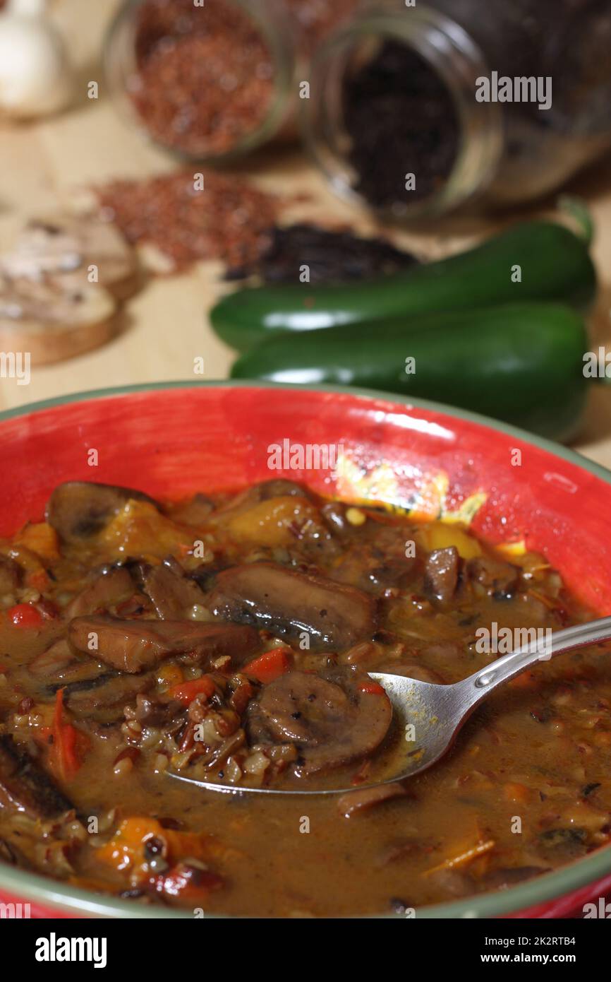Mushroom and Peppers Soup With Wild Rice. Mix of Sweet Bell Peppers and