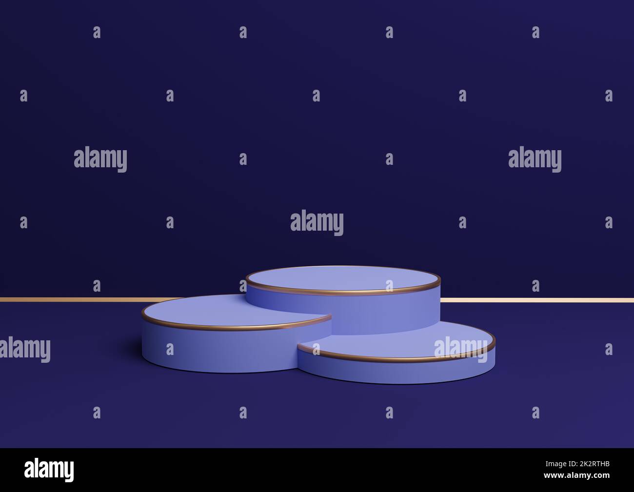 Dark blue 3D rendering simple product display with three podiums or stand with golden line minimal background composition for luxurious products Stock Photo
