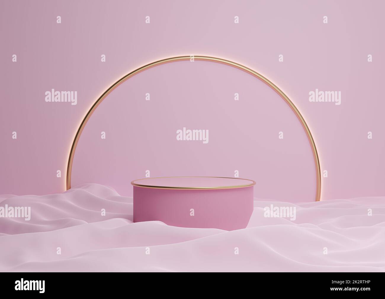 Light, pastel, lavender pink 3D rendering luxurious product display podium or stand minimal composition with golden arch line in background and light Stock Photo