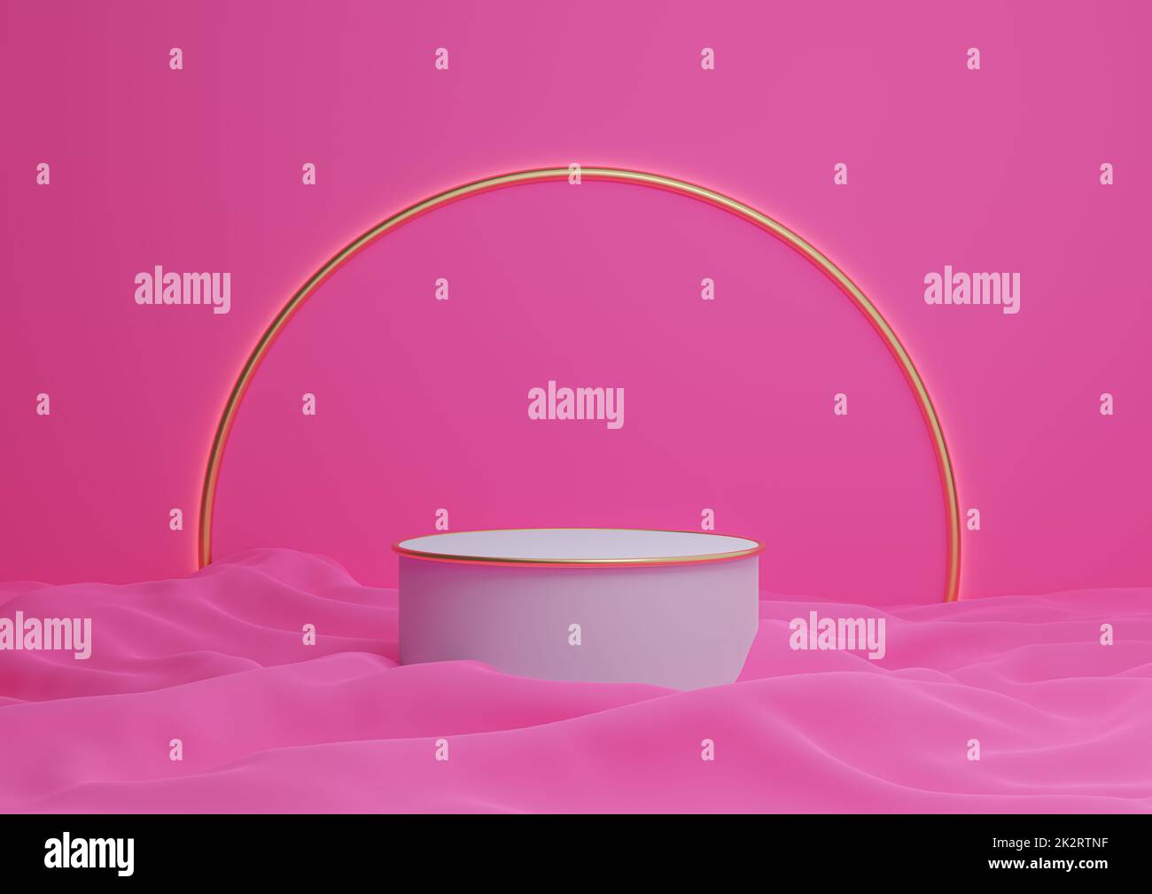 Bright magenta, neon pink 3D rendering luxurious product display podium or stand minimal composition with golden arch line in background and light Stock Photo