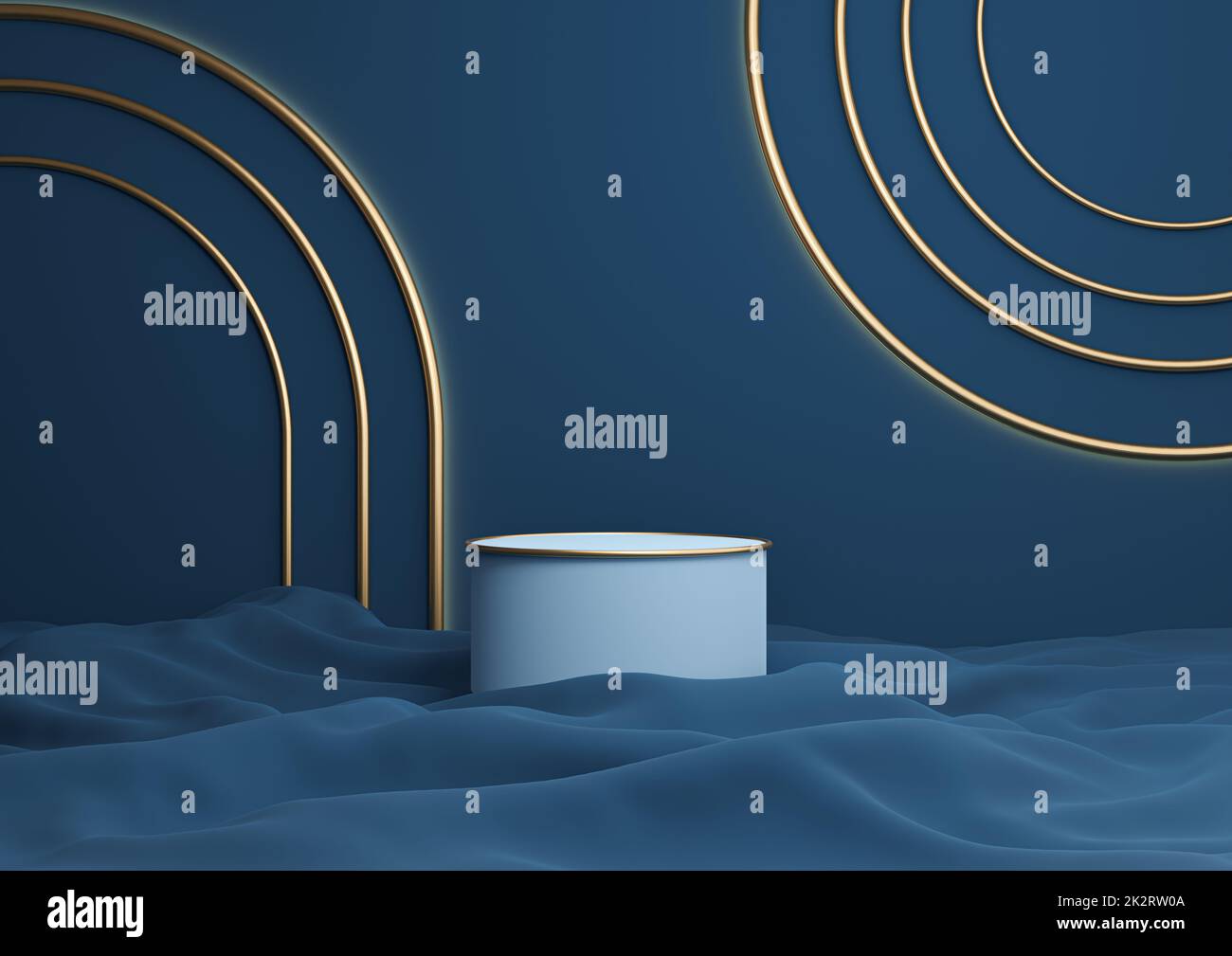 Dark, aqua blue 3D rendering luxurious product display cylinder podium ...