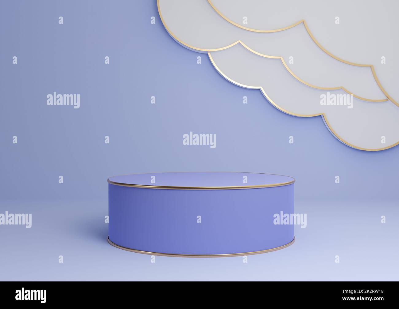 Light, pastel blue 3D rendering product display podium or stand with abstract clouds and golden lines luxurious minimal, simple composition background cylinder platform Stock Photo