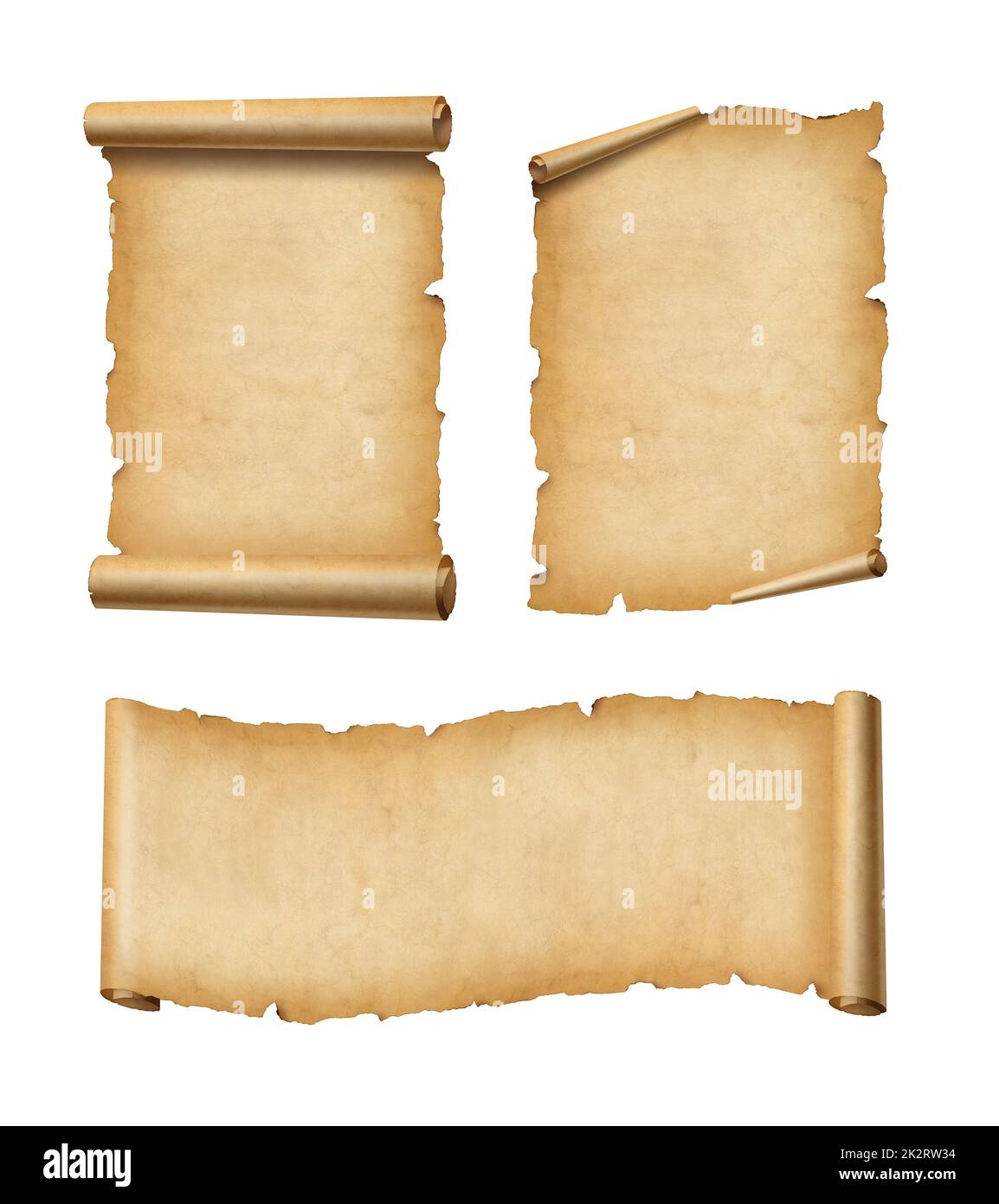Old Parchment paper scroll set isolated on white. Horizontal and vertical banners Stock Photo