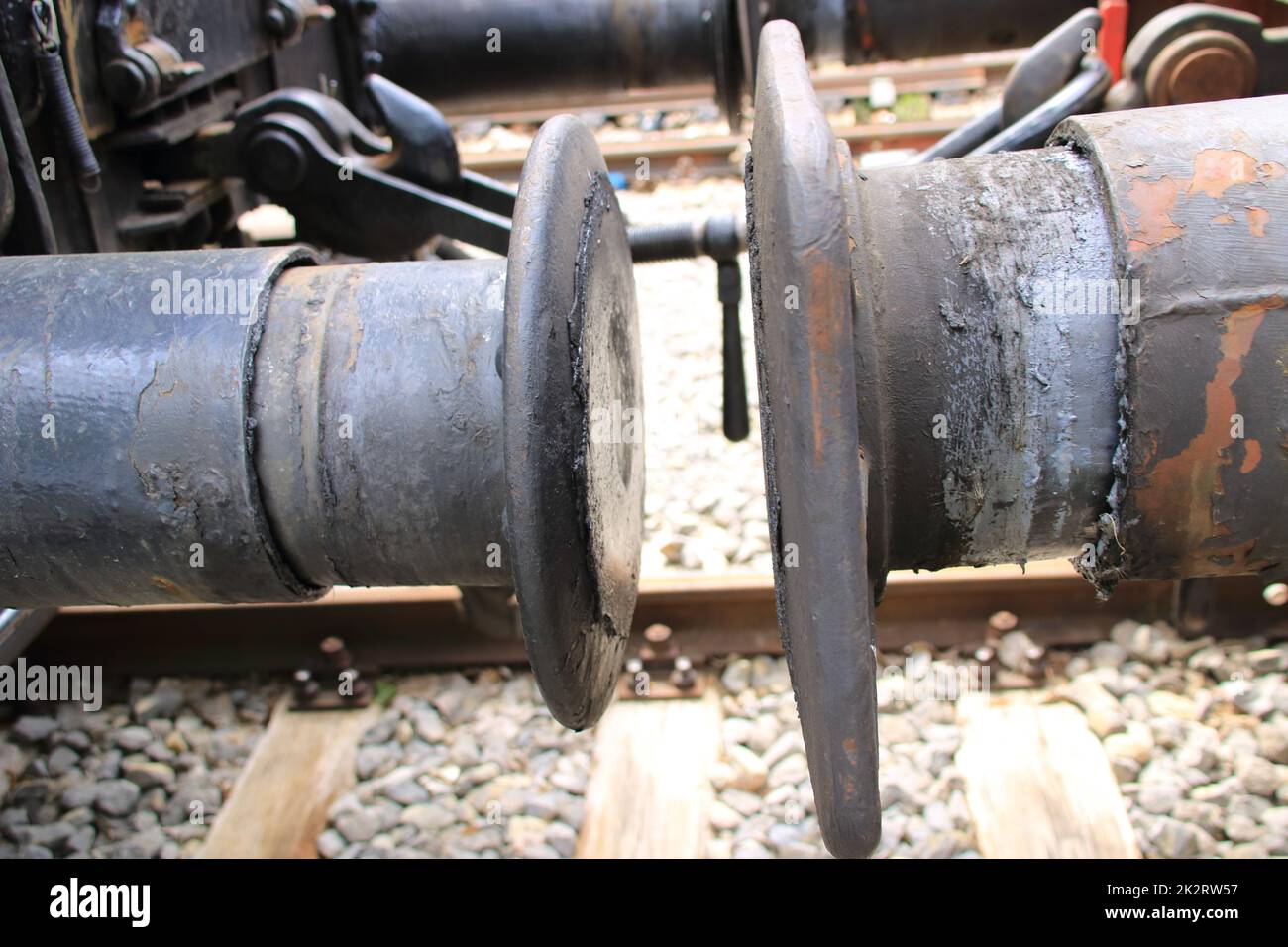 Buffer and clutch on an old railroad car Stock Photo