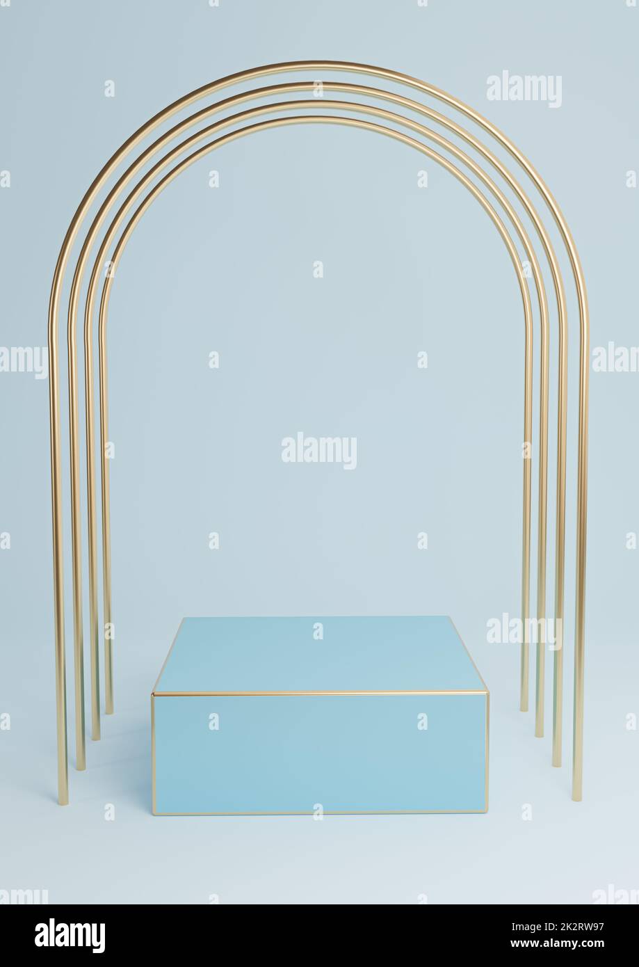 Light, pastel, baby blue 3D rendering minimal product display cube podium or stand with luxury gold arches and golden lines. Simple background abstract composition. Stock Photo
