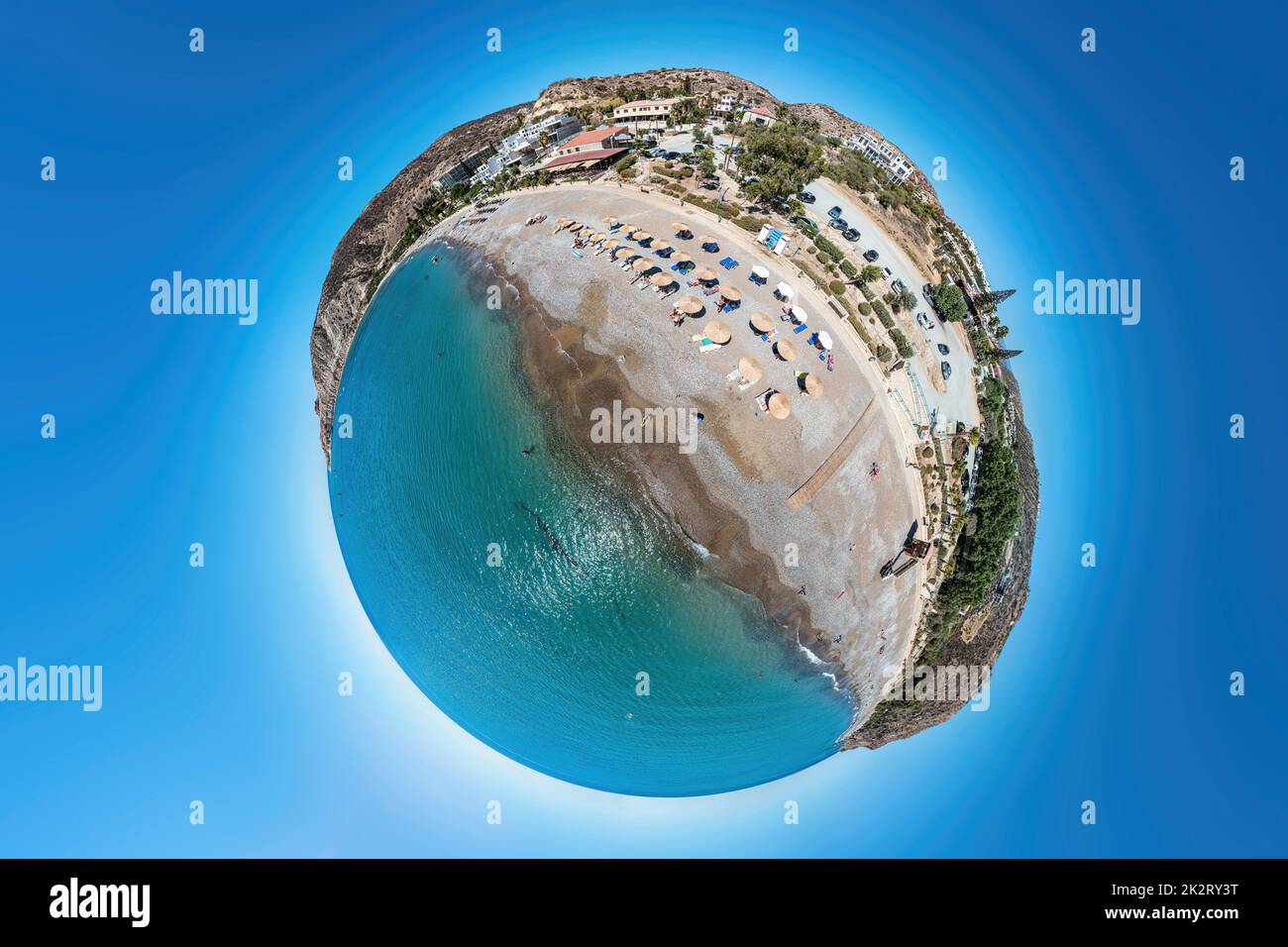 Spherical panorama of Pissouri beach. Limassol District, Cyprus Stock Photo