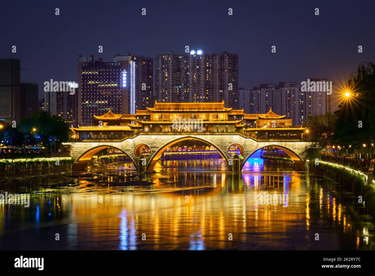 Anshun bridge at night, Chengdu, China Stock Photo