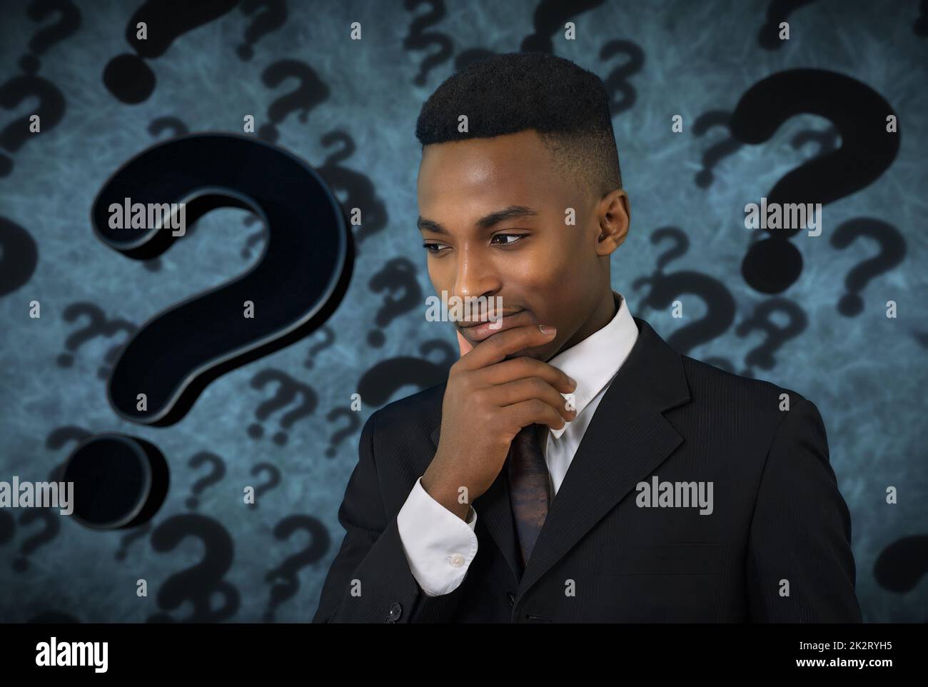 pensive young man thinking doubt expression question mark background Stock Photo